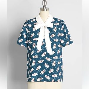 Modcloth Blue and White Blouse with Bow